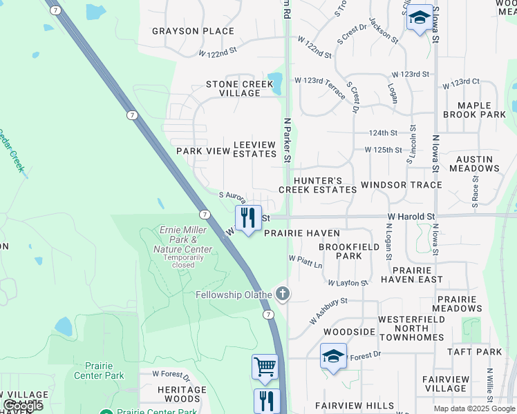 map of restaurants, bars, coffee shops, grocery stores, and more near 1251 West Harold Street in Olathe