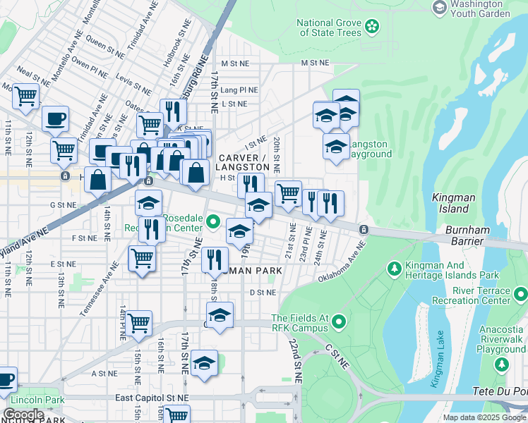 map of restaurants, bars, coffee shops, grocery stores, and more near 1915 Benning Road Northeast in Washington