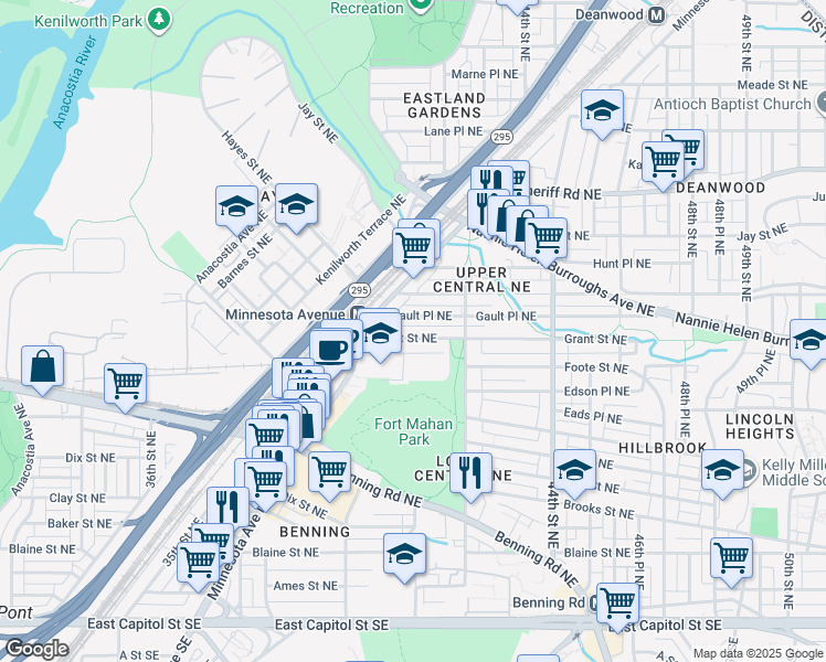 map of restaurants, bars, coffee shops, grocery stores, and more near 4046 Grant Street Northeast in Washington