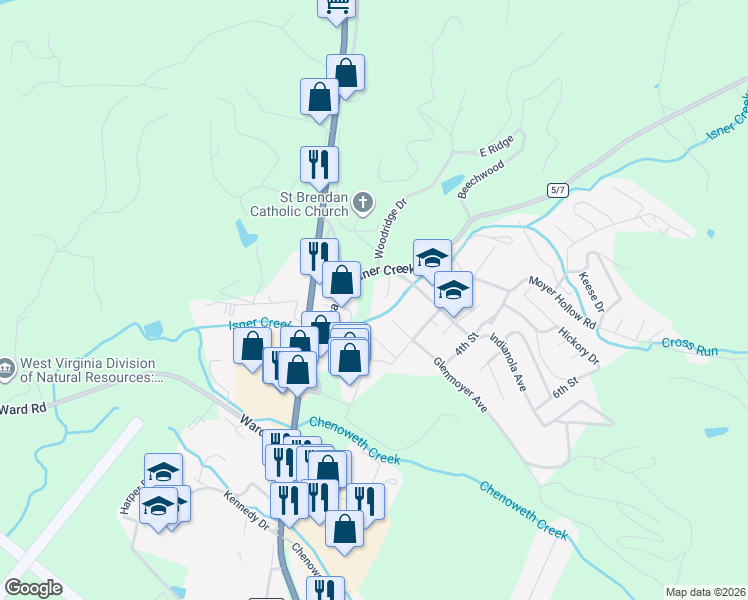 map of restaurants, bars, coffee shops, grocery stores, and more near 250 Old Bridge in Elkins
