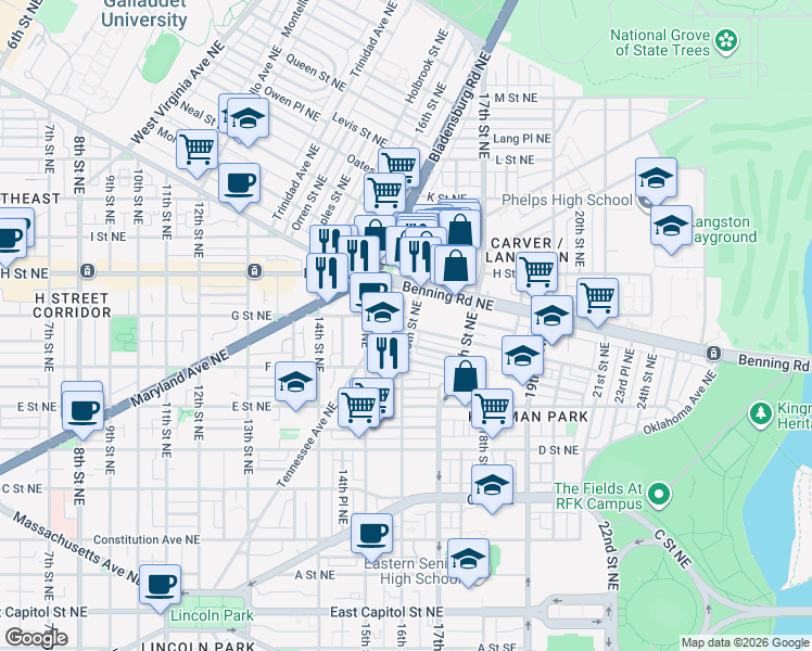 map of restaurants, bars, coffee shops, grocery stores, and more near 101 Independence Avenue Southeast in Washington
