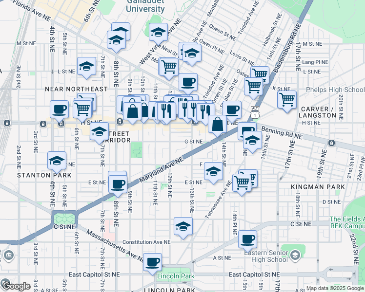 map of restaurants, bars, coffee shops, grocery stores, and more near 101 Independence Avenue Southeast in Washington