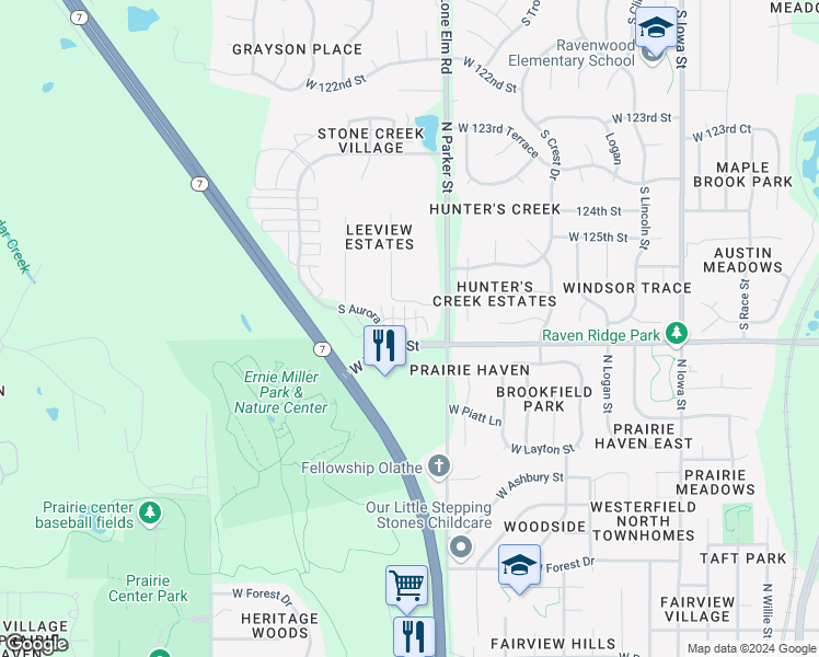 map of restaurants, bars, coffee shops, grocery stores, and more near 21641 West 126th Terrace in Olathe