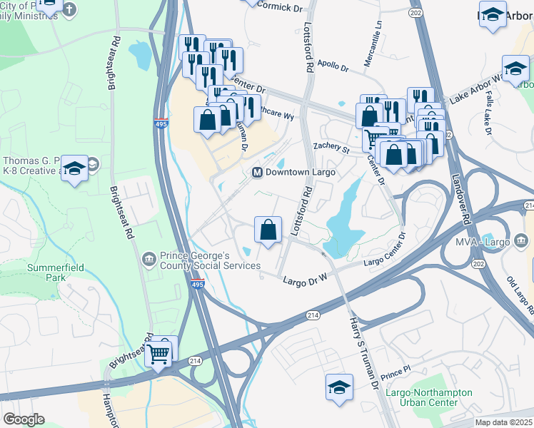 map of restaurants, bars, coffee shops, grocery stores, and more near 8900 Lottsford Road in Upper Marlboro