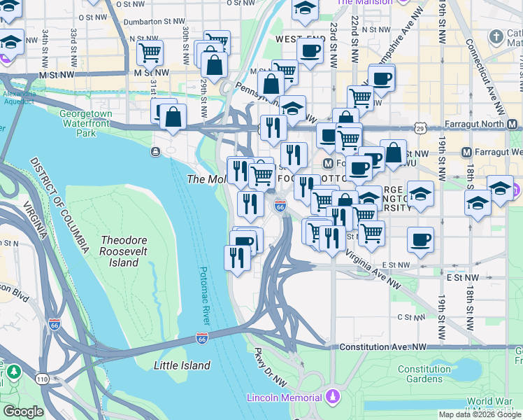 map of restaurants, bars, coffee shops, grocery stores, and more near 101 Independence Avenue Southeast in Washington