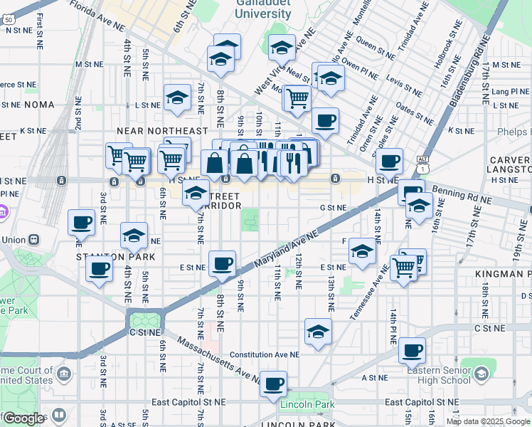 map of restaurants, bars, coffee shops, grocery stores, and more near 651 10th Street Northeast in Washington