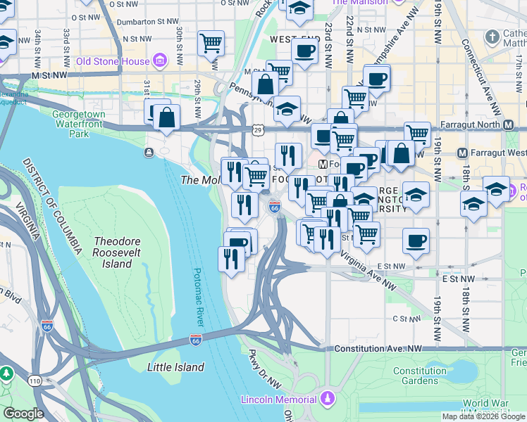 map of restaurants, bars, coffee shops, grocery stores, and more near 101 Independence Avenue Southeast in Washington