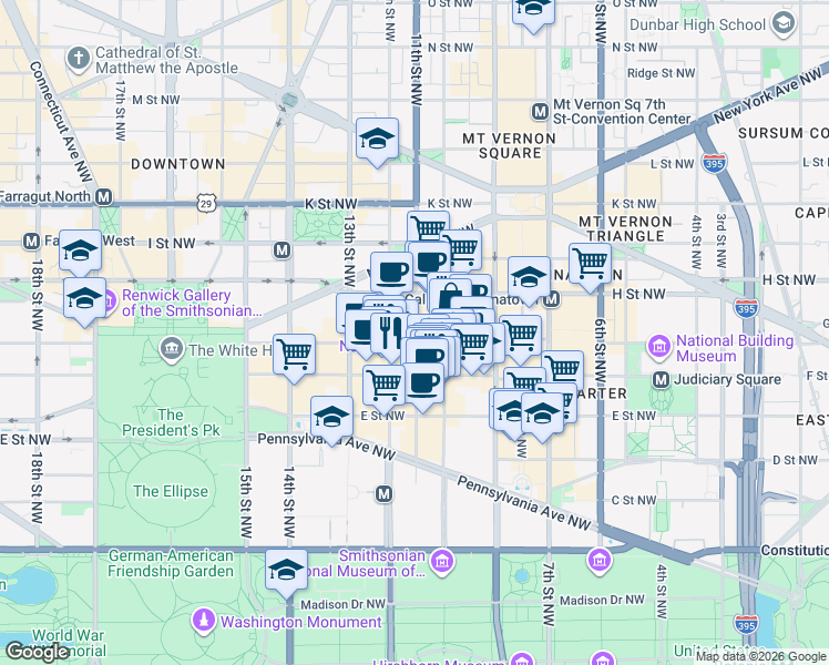 map of restaurants, bars, coffee shops, grocery stores, and more near 700 11th Street Northwest in Washington
