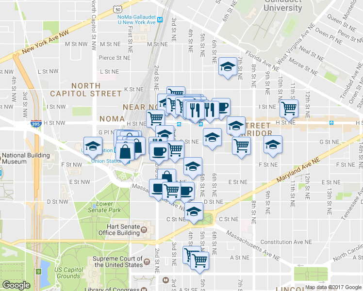 map of restaurants, bars, coffee shops, grocery stores, and more near 101 Independence Avenue Southeast in Washington