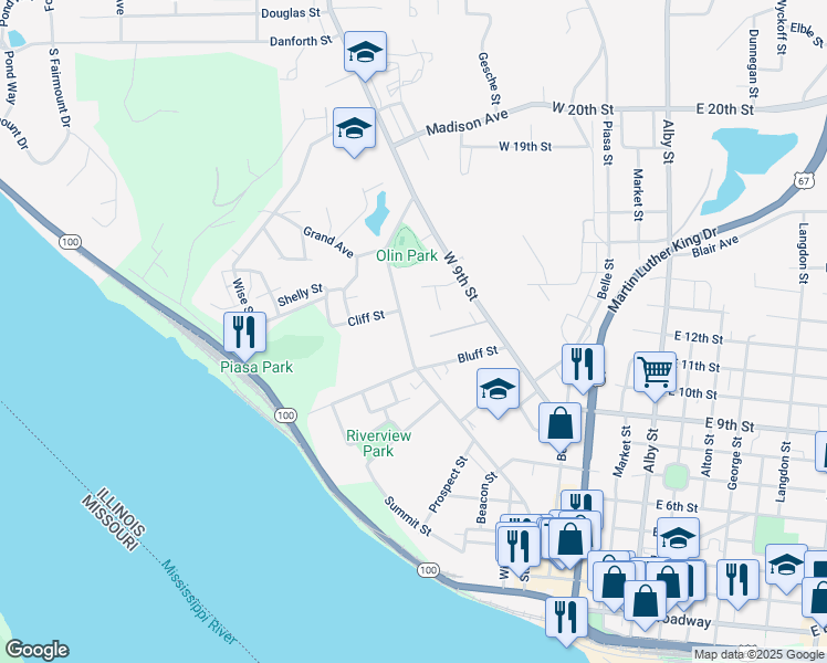 map of restaurants, bars, coffee shops, grocery stores, and more near 1110 State Street in Alton