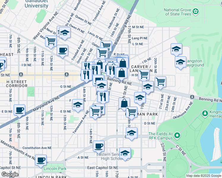 map of restaurants, bars, coffee shops, grocery stores, and more near 705 16th Street Northeast in Washington