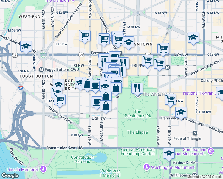 map of restaurants, bars, coffee shops, grocery stores, and more near 1730 Pennsylvania Avenue Northwest in Washington