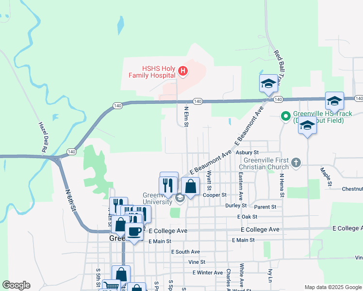 map of restaurants, bars, coffee shops, grocery stores, and more near 308 Asbury Street in Greenville