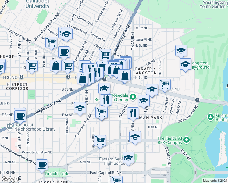 map of restaurants, bars, coffee shops, grocery stores, and more near 705 16th Street Northeast in Washington