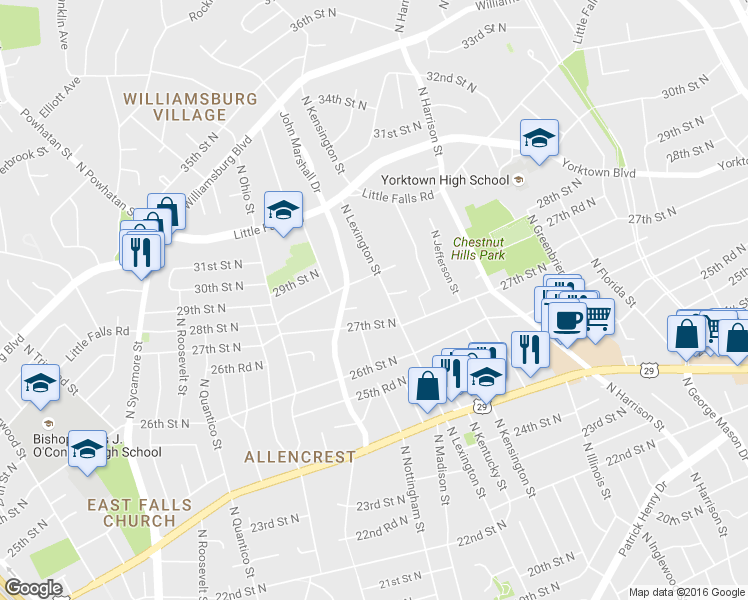 map of restaurants, bars, coffee shops, grocery stores, and more near 2732 North Lexington Street in Arlington