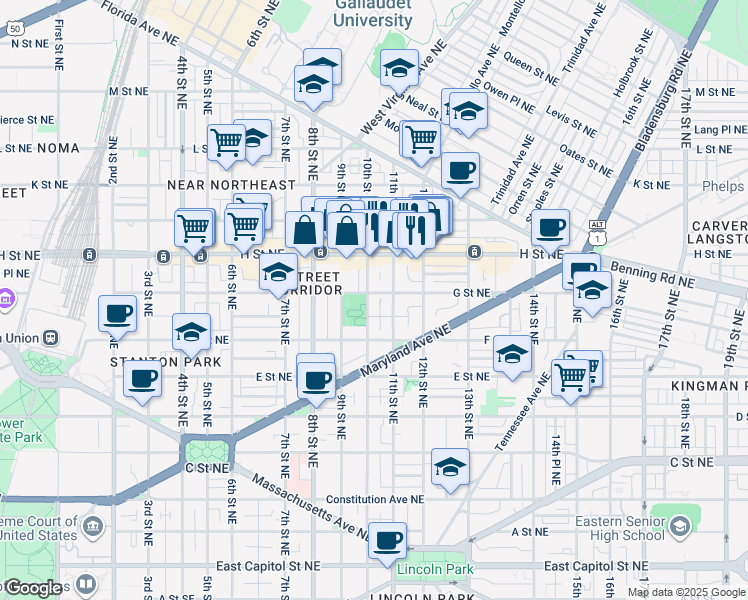 map of restaurants, bars, coffee shops, grocery stores, and more near 651 10th Street Northeast in Washington