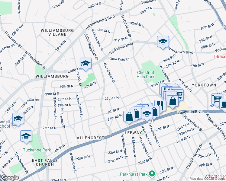 map of restaurants, bars, coffee shops, grocery stores, and more near 2732 North Lexington Street in Arlington