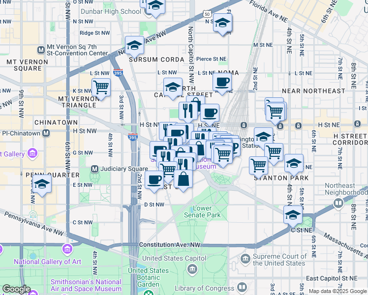 map of restaurants, bars, coffee shops, grocery stores, and more near 101 Independence Avenue Southeast in Washington