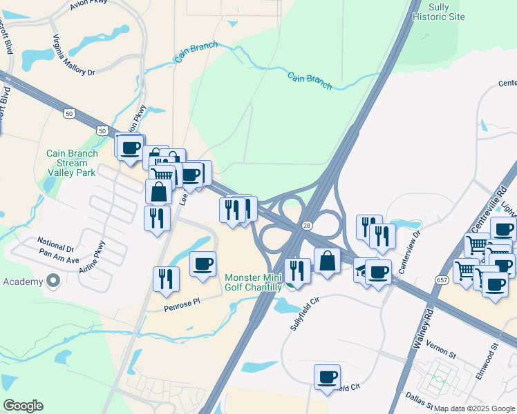 map of restaurants, bars, coffee shops, grocery stores, and more near U.S. Route 50 in Illinois in Chantilly