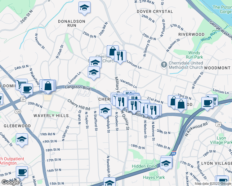map of restaurants, bars, coffee shops, grocery stores, and more near 2190 Military Road in Arlington