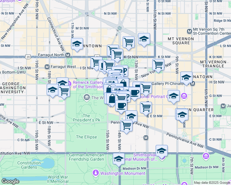 map of restaurants, bars, coffee shops, grocery stores, and more near 1440 New York Avenue Northwest in Washington