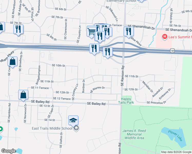 map of restaurants, bars, coffee shops, grocery stores, and more near 1133 Southeast 11 Terrace in Lee's Summit