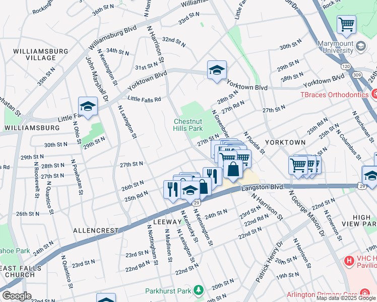 map of restaurants, bars, coffee shops, grocery stores, and more near 2613 North Jefferson Street in Arlington