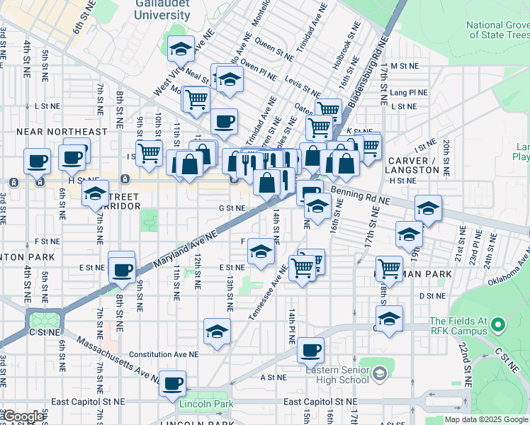map of restaurants, bars, coffee shops, grocery stores, and more near 101 Independence Avenue Southeast in Washington