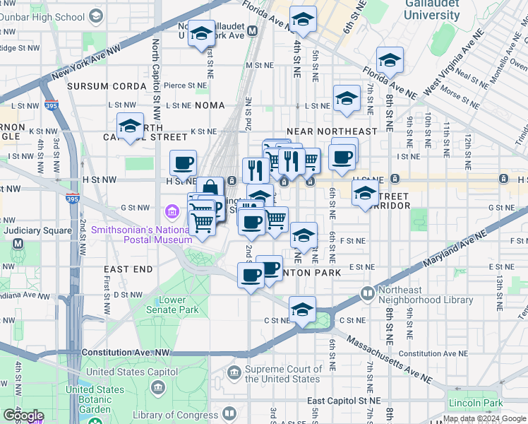 map of restaurants, bars, coffee shops, grocery stores, and more near 101 Independence Avenue Southeast in Washington
