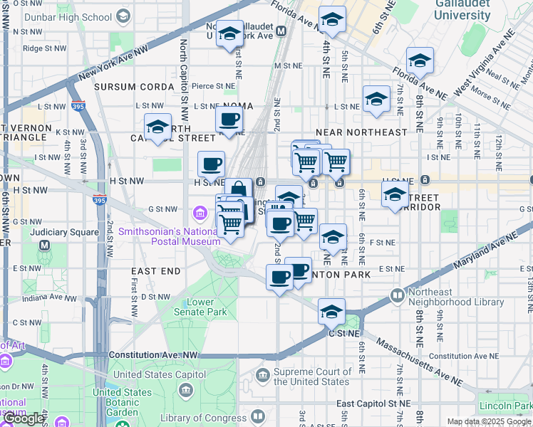 map of restaurants, bars, coffee shops, grocery stores, and more near 101 Independence Avenue Southeast in Washington