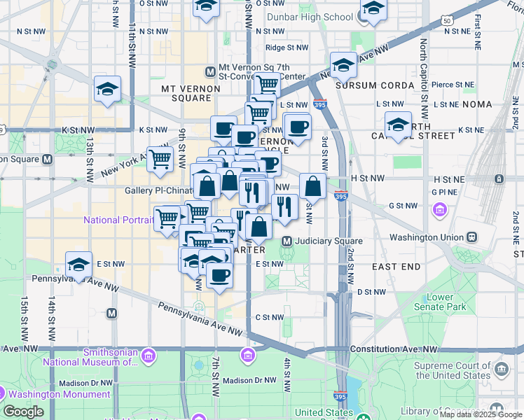 map of restaurants, bars, coffee shops, grocery stores, and more near 101 Independence Avenue Southeast in Washington