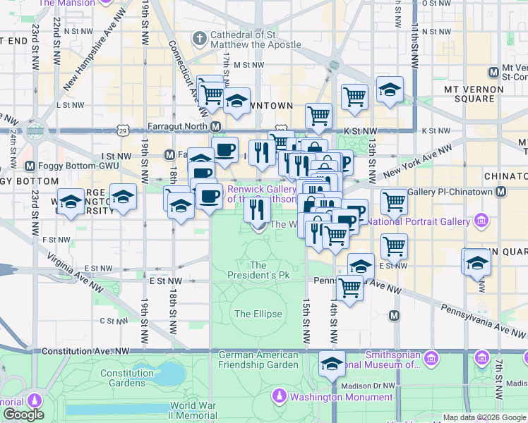 map of restaurants, bars, coffee shops, grocery stores, and more near in Washington