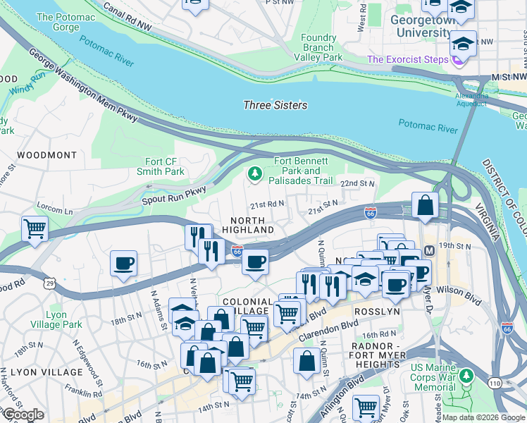 map of restaurants, bars, coffee shops, grocery stores, and more near 2002 21st Street North in Arlington