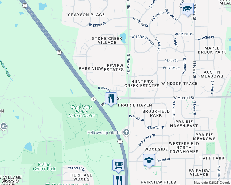 map of restaurants, bars, coffee shops, grocery stores, and more near 1251 West Harold Street in Olathe