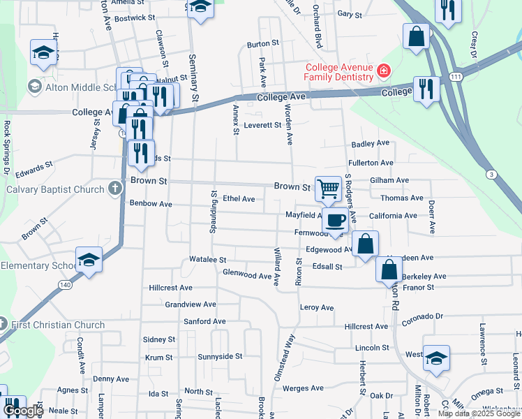 map of restaurants, bars, coffee shops, grocery stores, and more near 3028 Mayfield Avenue in Alton