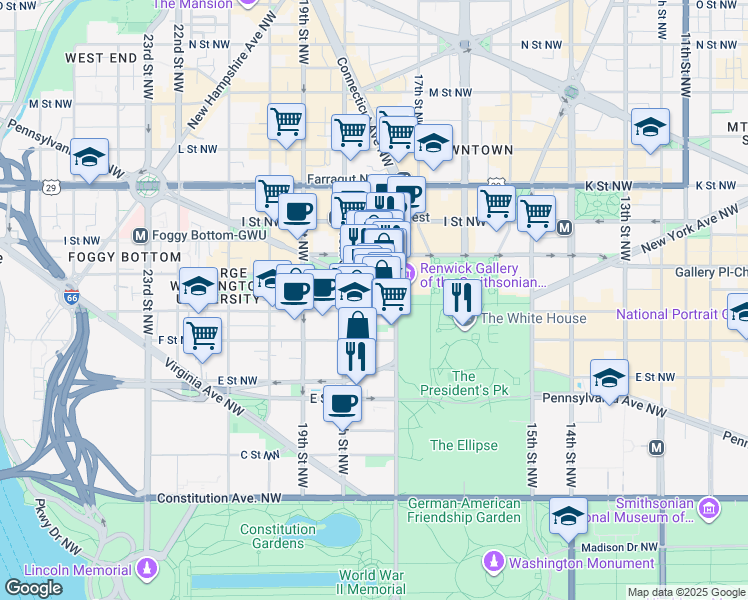 map of restaurants, bars, coffee shops, grocery stores, and more near 1730 Pennsylvania Avenue Northwest in Washington