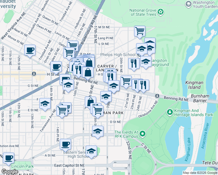 map of restaurants, bars, coffee shops, grocery stores, and more near 101 Independence Avenue Southeast in Washington