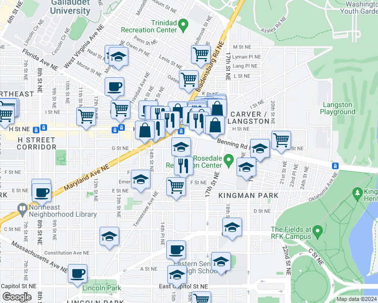 map of restaurants, bars, coffee shops, grocery stores, and more near 1526 Gales Street Northeast in Washington