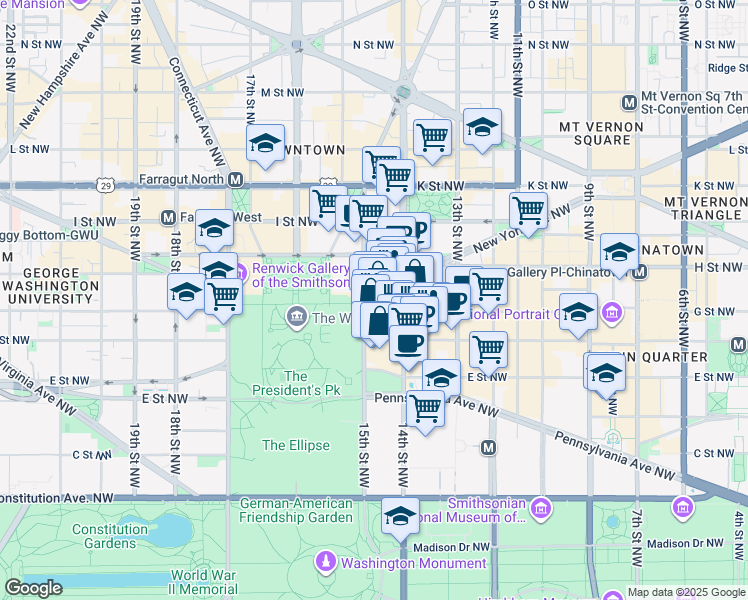 map of restaurants, bars, coffee shops, grocery stores, and more near 1440 New York Avenue Northwest in Washington