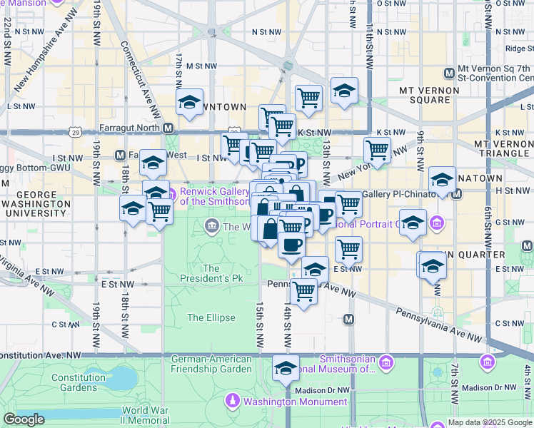 map of restaurants, bars, coffee shops, grocery stores, and more near 1100 Vermont Avenue Northwest in Washington