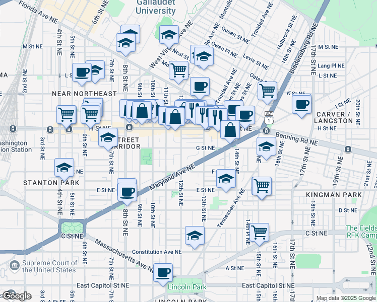 map of restaurants, bars, coffee shops, grocery stores, and more near 1213 G Street Northeast in Washington