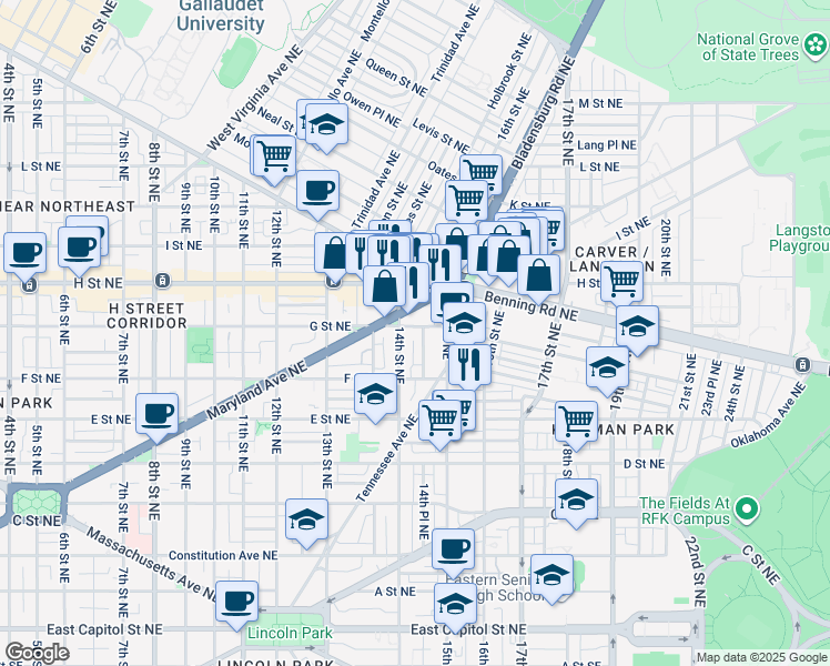 map of restaurants, bars, coffee shops, grocery stores, and more near 1417 G Street Northeast in Washington