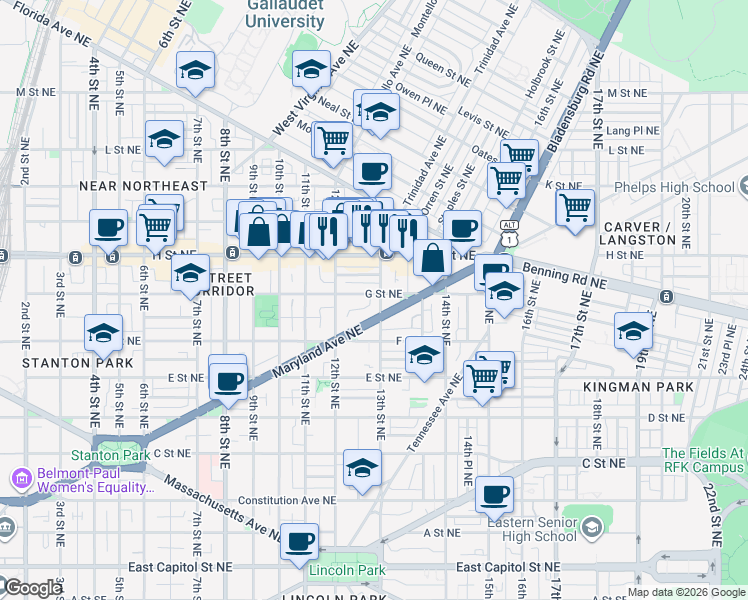 map of restaurants, bars, coffee shops, grocery stores, and more near 101 Independence Avenue Southeast in Washington