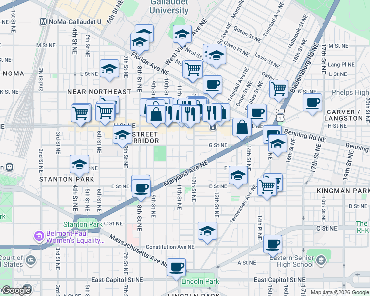 map of restaurants, bars, coffee shops, grocery stores, and more near 101 Independence Avenue Southeast in Washington