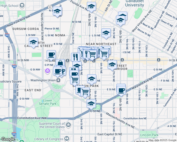 map of restaurants, bars, coffee shops, grocery stores, and more near 694 4th Street Northeast in Washington
