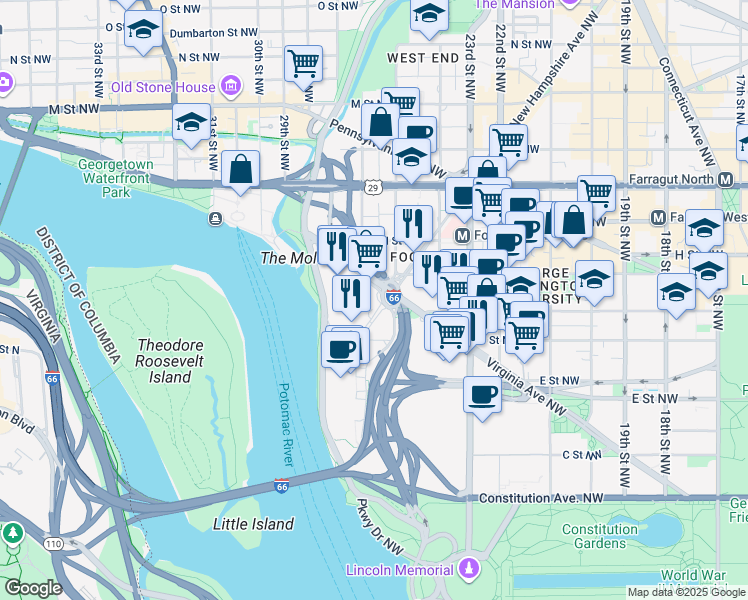 map of restaurants, bars, coffee shops, grocery stores, and more near 2500 Virginia Avenue Northwest in Washington
