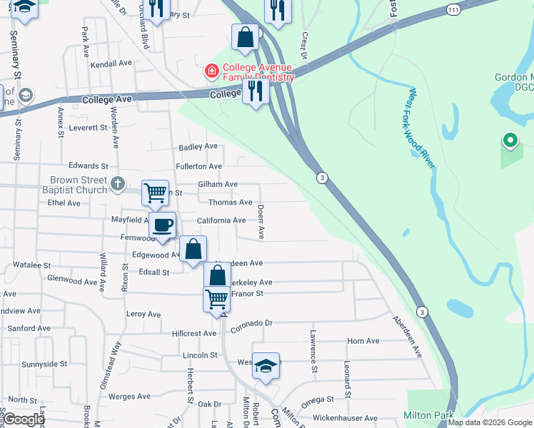 map of restaurants, bars, coffee shops, grocery stores, and more near 1419 Doerr Avenue in Alton