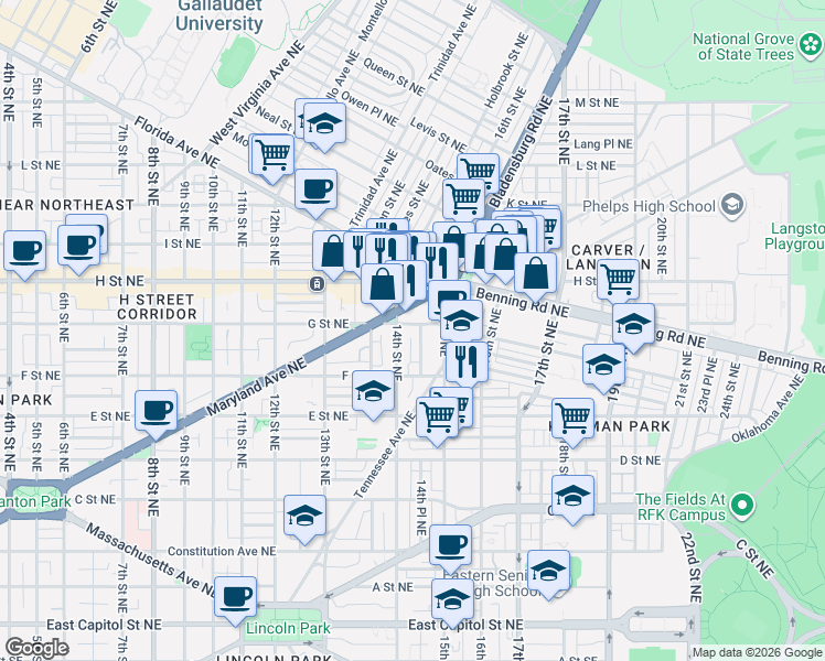 map of restaurants, bars, coffee shops, grocery stores, and more near 101 Independence Avenue Southeast in Washington