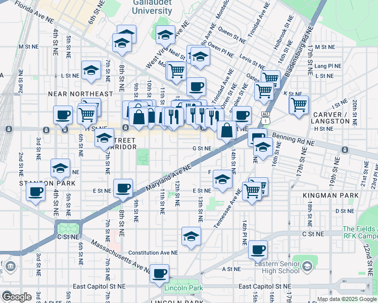 map of restaurants, bars, coffee shops, grocery stores, and more near 1225 G Street Northeast in Washington