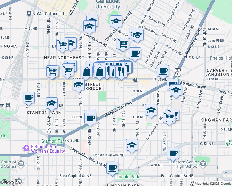 map of restaurants, bars, coffee shops, grocery stores, and more near 101 Independence Avenue Southeast in Washington